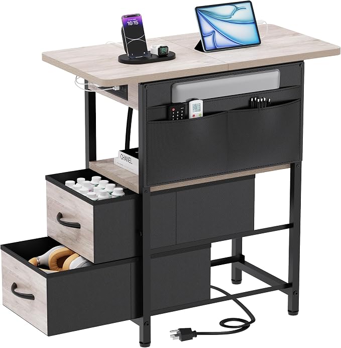 Yenlure Small Side Table with Charging Station, Narrow Nightstand Bedside by CREATEDFORSMARTHOMES
