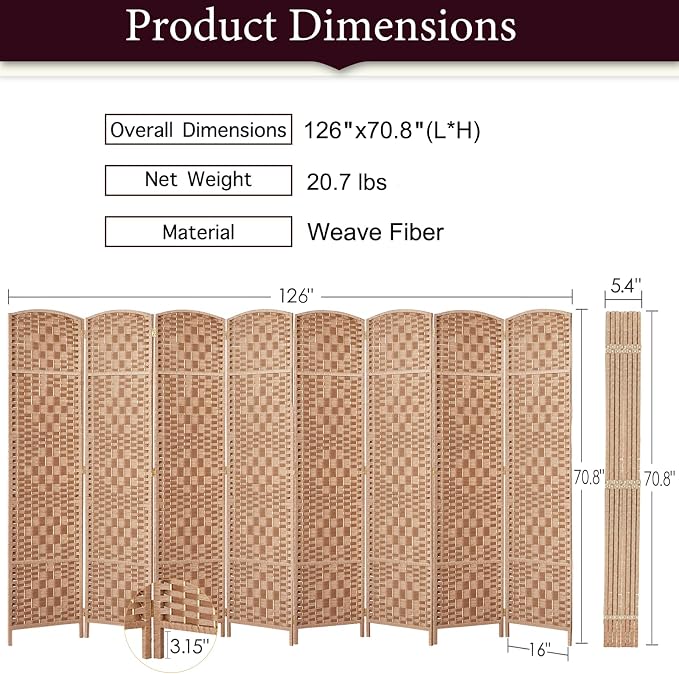 RHF Room Divider Panel, 8Panel Partition Room Dividers, Wall Divider, Natural | - Image 3