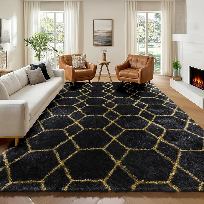 7x9 Area Rugs for Living Room Bedroom, Large Boho Fluffy Black and Gold Throw - Image 2