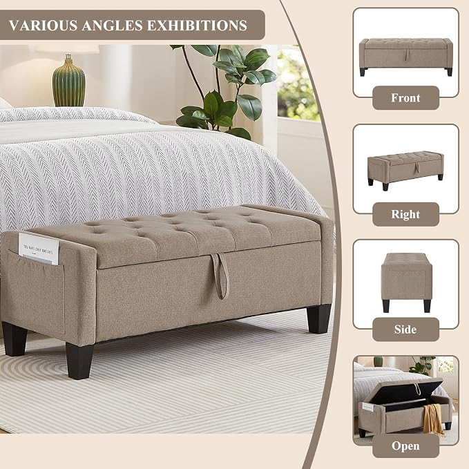 Modern Storage Ottoman Bench, Linen Upholstered End of Bed Bench - Image 6