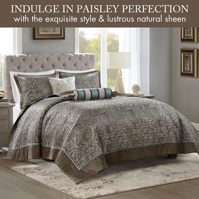 Madison Park Reversible Jacquard Quilted Queen Bedspread Set Blue/Brown - Image 2