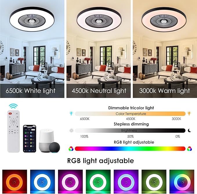 HUMHOLD 24" Bladeless Ceiling Fans with Lights and Remote/APP/Voice Control, Low Profile Ceiling Fan with RGB Lights, Enclosed Flush Mount Ceiling Fan for Kid's Bedroom/Living Room