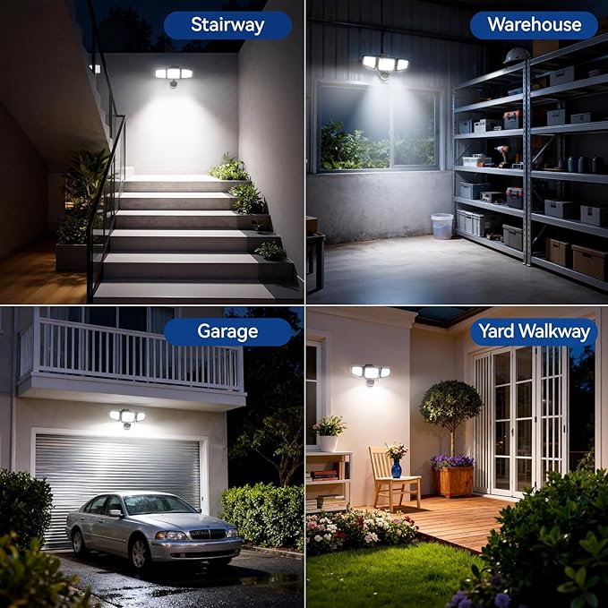 PURICH Upgraded LED Security Lights Motion Sensor Light Outdoor, 7000LM, 6500K, Waterproof, Flood Light Outdoor Motion Detector with Adjustable 3 Head, Hardwired Wall Light for Entryway, Yard, Garage