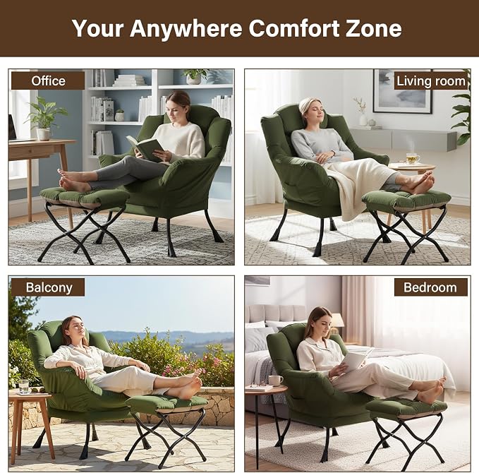 Welnow Lazy Chair with Ottoman, Reading Chair with Footrest，Army Green | A Side - Image 6