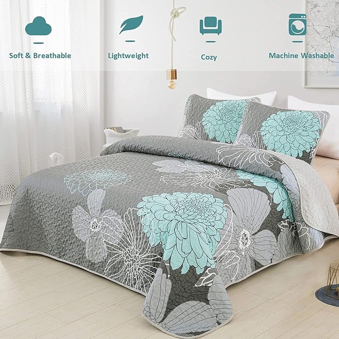 Yiran Grey Aqua Floral Quilt Set Queen Size 3 Pieces Botanical Quilt Set | - Image 3