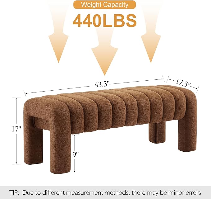 43" Upholstered Boucle Bench, Rust Brown | Padded Ottoman Bench, Sherpa Window - Image 2