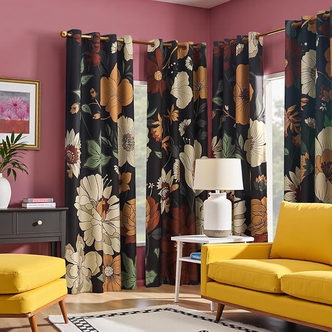 jinchan Black Boho Floral Blackout Curtains 96 Inch Grommet 2 Panels | Room - Image 6