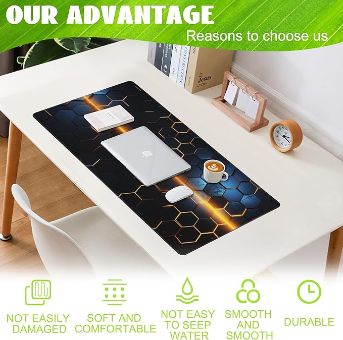 Eflxamz Large Gaming Mouse Pad,Golden Lines Honeycomb Technology Desk Mat,Honeycomb Technology Desk Pad,Extended Computer Keyboard Mouse Pad with Non-Slip Base and Stitched Edge,35.4"x15.7"