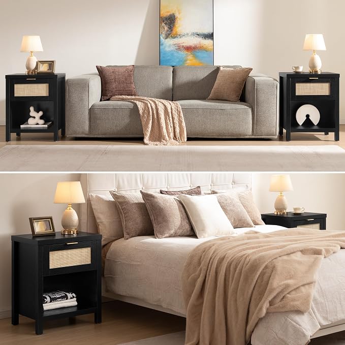 SICOTAS Black Rattan Nightstand Farmhouse Night Stands - Image 6