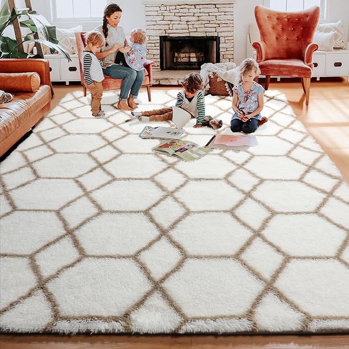 7x9 Area Rugs for Living Room Bedroom, Large Fluffy White and Beige Throw Rug - Image 7