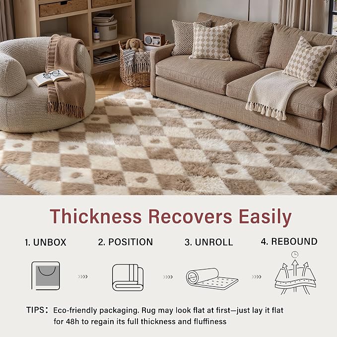 Brown 4x6 Area Rug for Kids Room Soft Fluffy Checkered Shag Carpet | Machine - Image 6