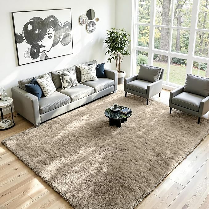 6x9 Fluffy Area Rug for Living Room: Non-Slip Grey Camel Bedroom Carpet | Ultra - Image 2