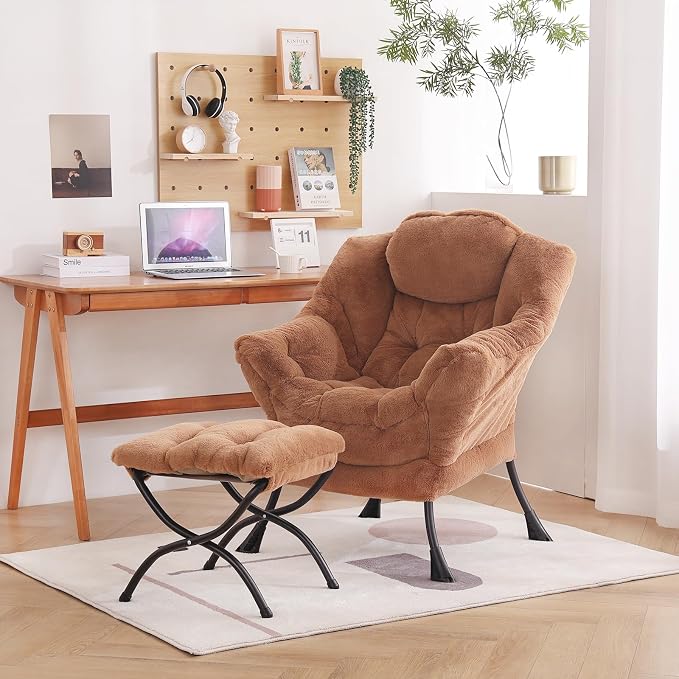 Welnow Lazy Chair with Ottoman, Reading Chair with Footrest, Plush Brown | A - Image 2