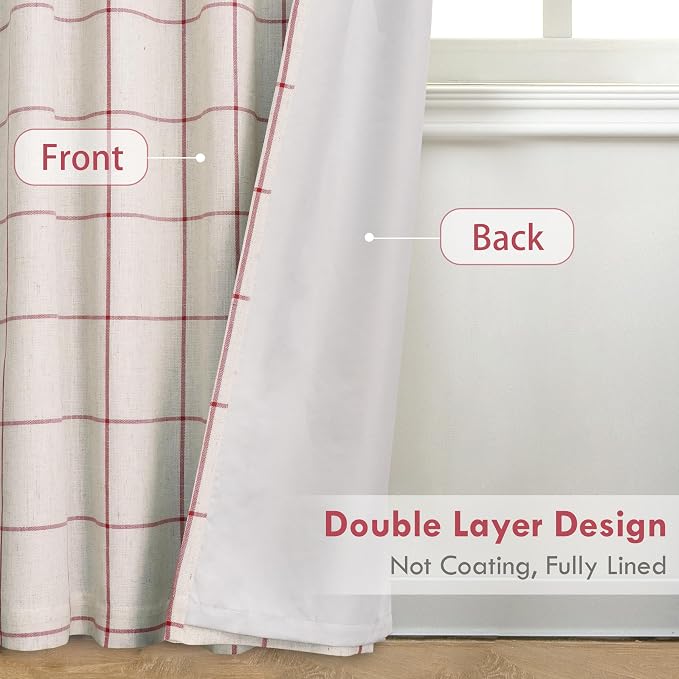 DriftAway 100% Blackout Plaid Linen Curtains 90 Inches Long 2 Panels Red | 100% - Image 4