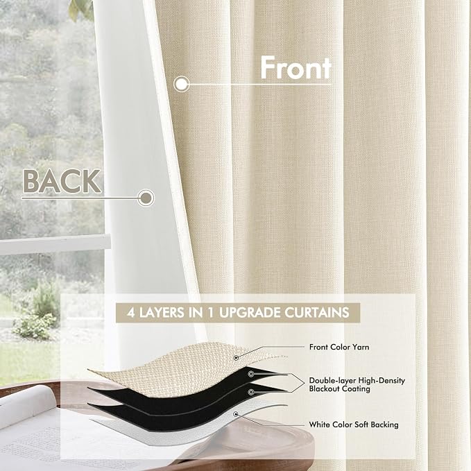 MIULEE 100% Blackout Back Tab Pleat Linen Curtains 50" Wx90 L, Light Cream | 2 - Image 5