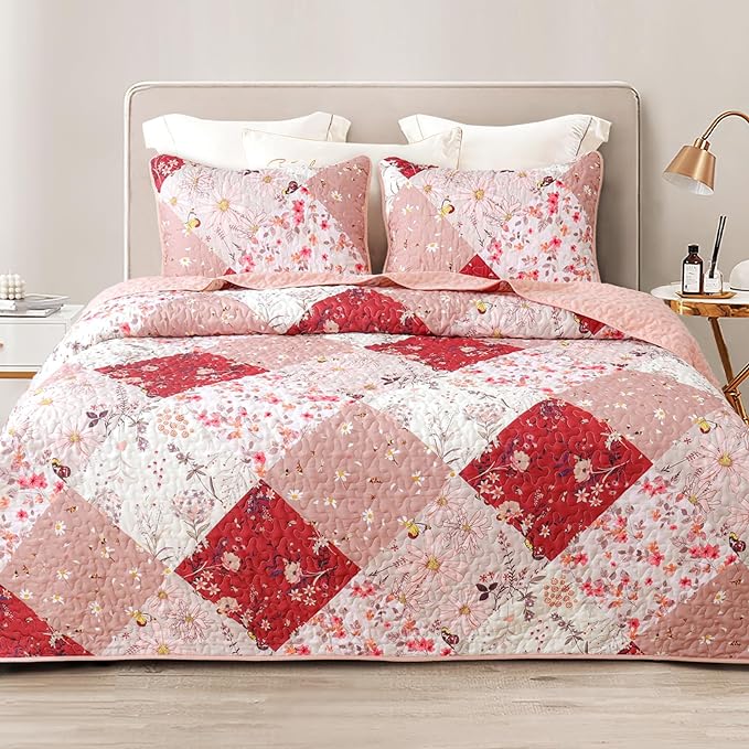 Whale Flotilla Patchwork Quilts Queen Size, Extra Soft Floral Bedspreads | Red by WHALEFLOTILLA