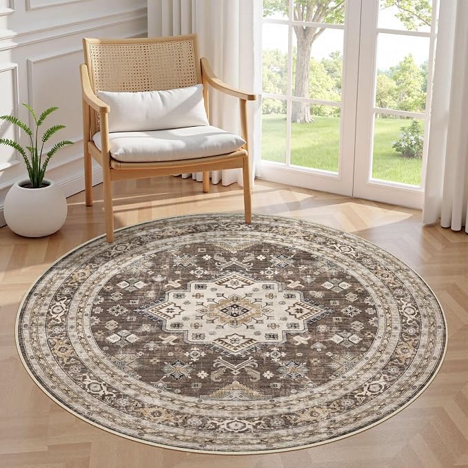 cotiled 5ft Round Living Room Area Rug, Traditional, Dark Brown | Soft by COTILED