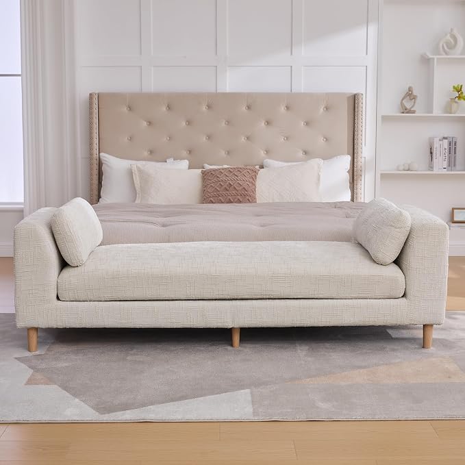 Beige King Size End of Bed Bench, 83 Inch Long Bench - Image 7
