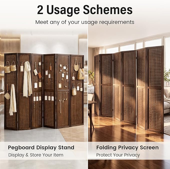 6 Panel Pegboard Room Divider, Folding Privacy Screen, Freestanding Wooden - Image 2