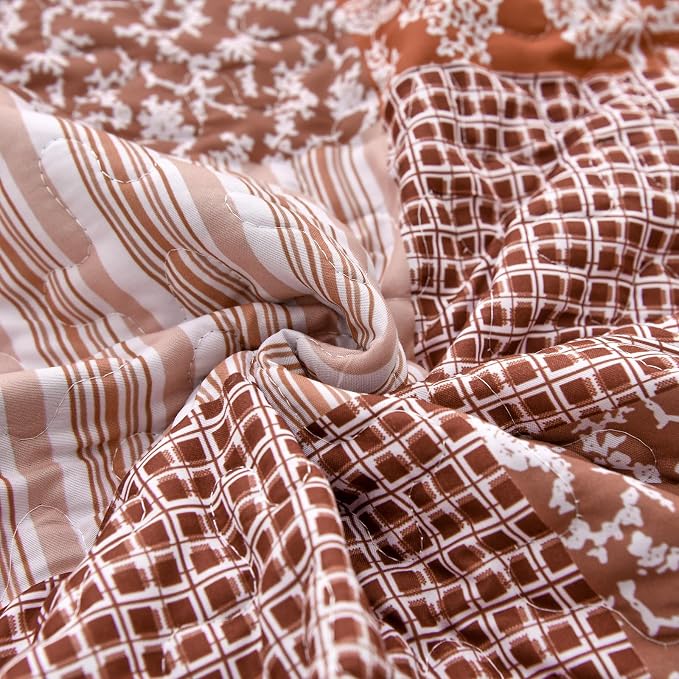 Mybedsoul Burnt Orange Quilt Set Queen Size, 3 Pieces Boho Plaid Terracotta - Image 7