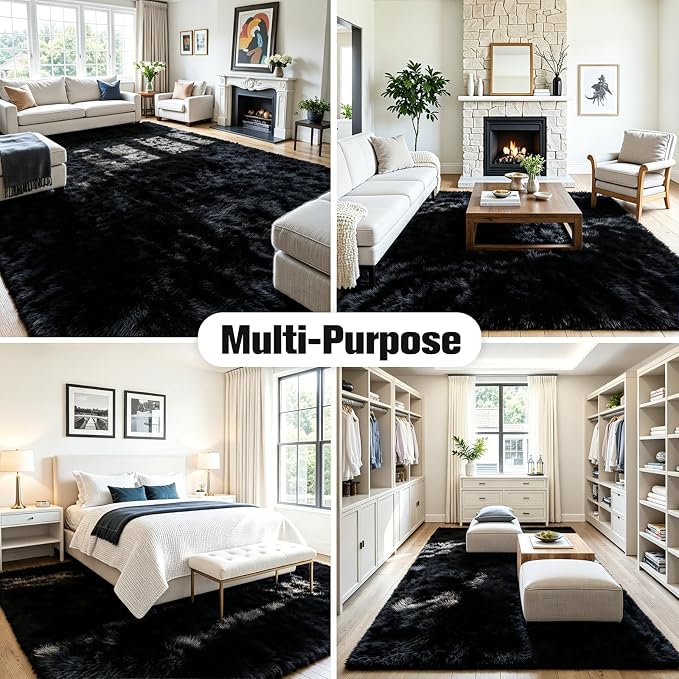 6x9 Fluffy Area Rug for Living Room: Soft Non-Slip Black Bedroom Carpet | Ultra - Image 9