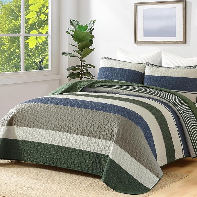 Dinjoy Queen Boho Striped Quilt Set, Breathable All-Season, 3-Piece Set Fits - Image 2