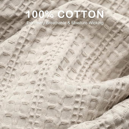 100% Cotton Waffle Blanket with Fringe, Pre-Washed Waffle Weave Blanket for All Season, Lightweight Breathable Soft Cozy Throw Blanket for Couch, Bed, Travel (Beige - 66x90 Inches)