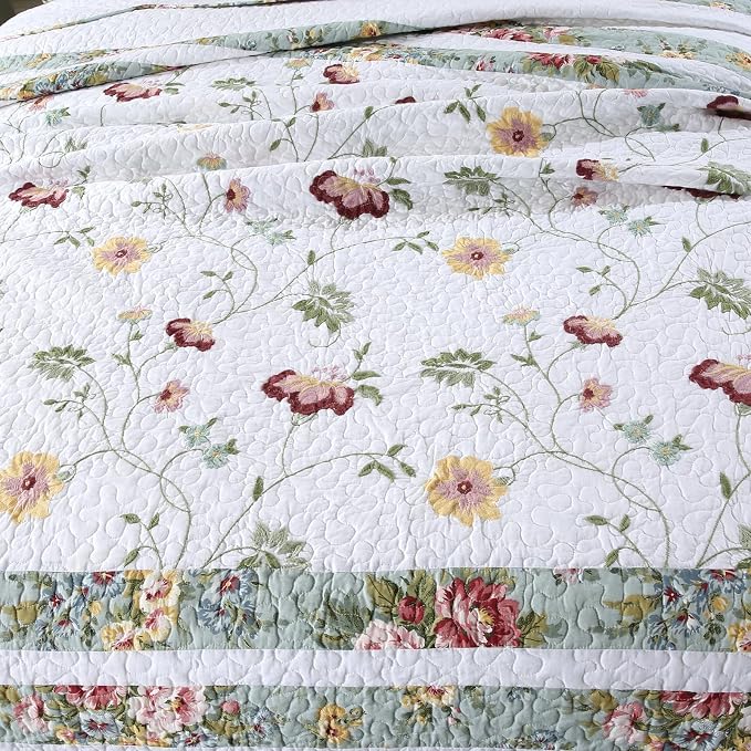 ROOMLIFE 100% Cotton Quilt Set Full Elegant Floral Embroidery 3-Piece | - Image 5