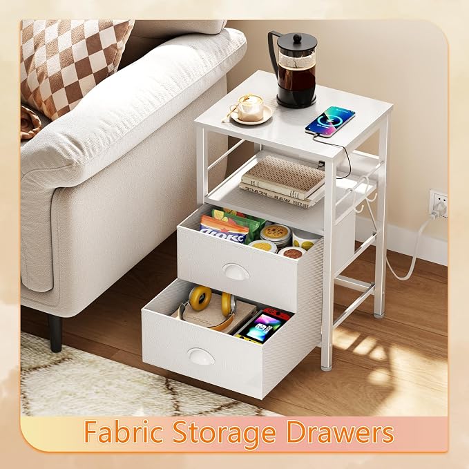 Furologee End Table with Charging Station, Nightstand with Fabric Drawers - Image 6