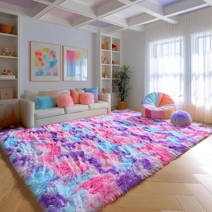 Rainbow Purple Rugs for Girls Bedoom 5x7 Ft, Fluffy Cute Colorful Pastel - Image 2