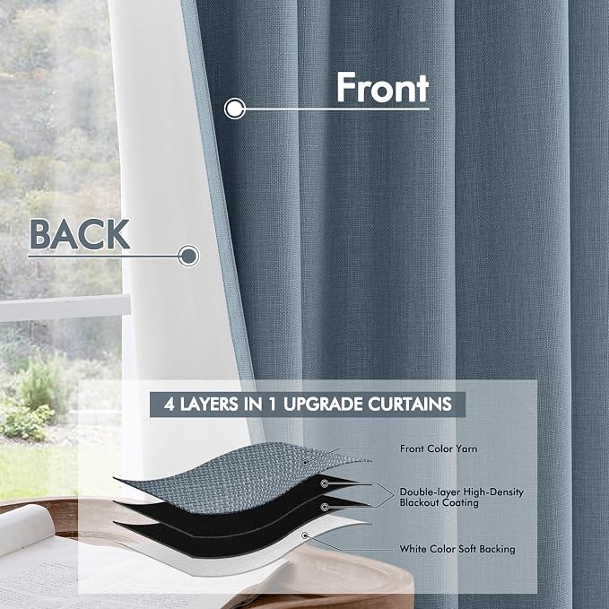 MIULEE 100% Blackout Back Tab Pleat Linen Curtains 50" Wx96 L, Stone Blue | 2 - Image 5
