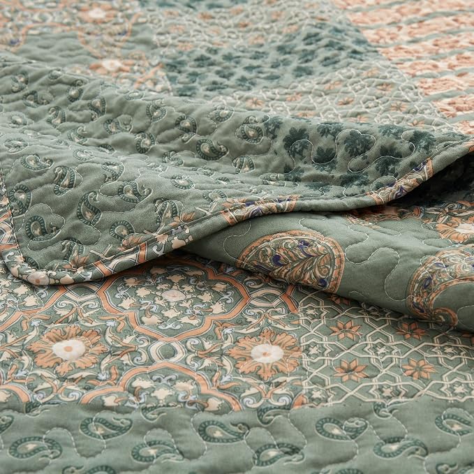 2 Pieces Twin Size Quilt Set Olive Green Paisley Bedspread Coverlet Lightweight - Image 6