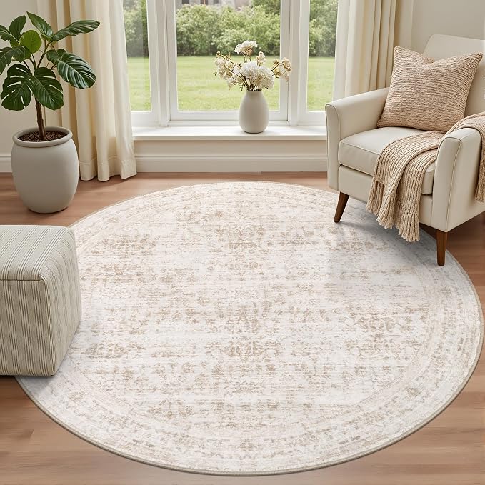 Round Area Rug for Living Room: 6ft Boho Washable Rug Beige Brown | Vintage - Image 2