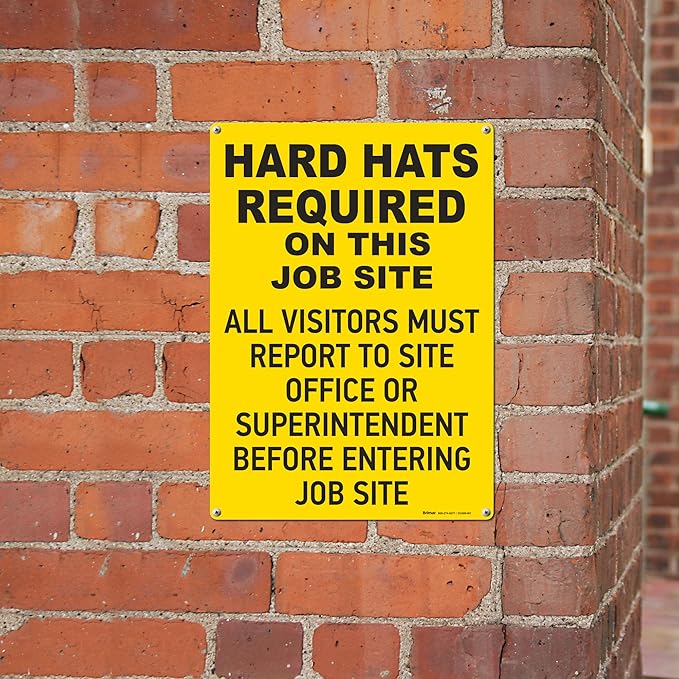 Brimar - 10" x 14" - Hard Hats Required on Job Site Sign - .055″ Polyethylene Plastic - Bold Text - Easy Installation