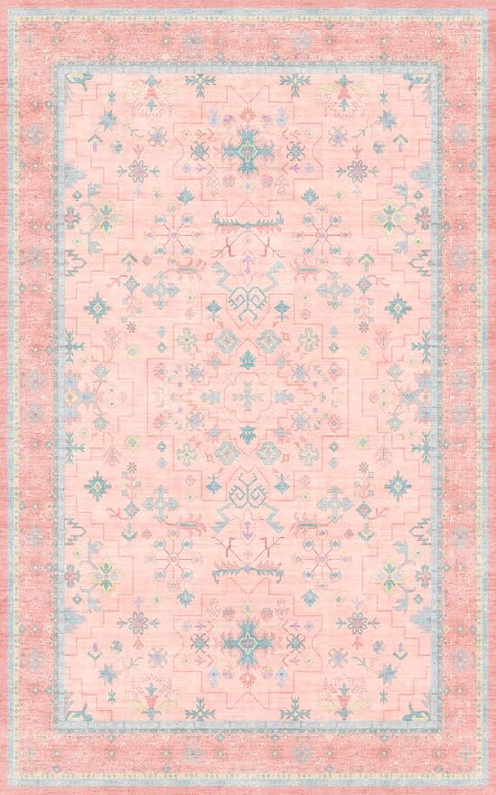 Pink and Blue Washable 5x8 Living Room Rugs, Boho Aethestic Oushak Vintage Area - Image 2