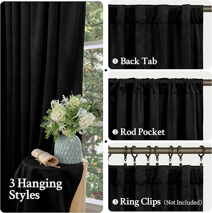 LAMIT Halloween Black Velvet Curtains for Bedroom 72 Inch, Luxury Thermal Room Darkening Drapes Back Tab and Rod Pocket Privacy Blackout Panels for Movie Theater, 2 Panels, 52 x 72 Inch