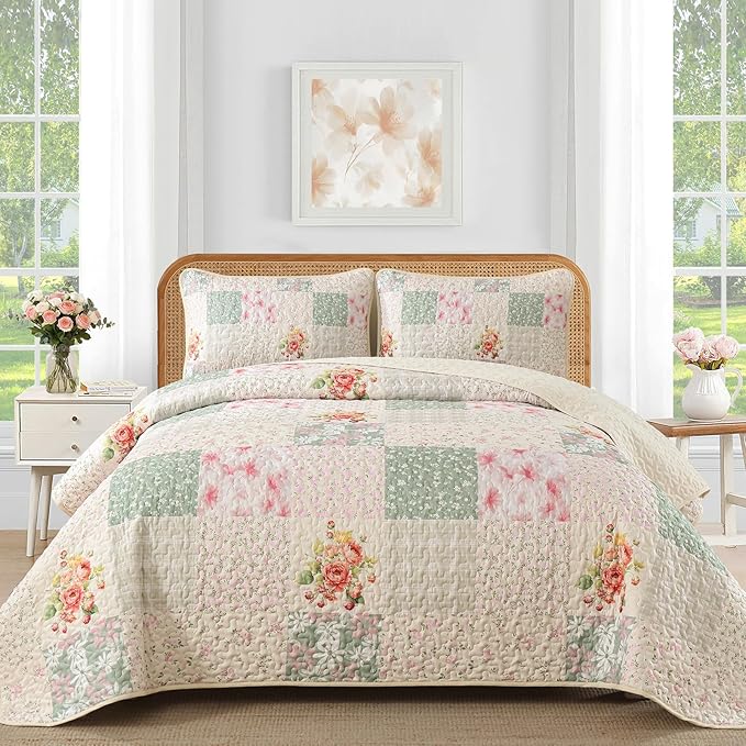 Mybedsoul Beige Patchwork King Size Quilt, Soft Boho Floral King Bedspreads by Mybedsoul