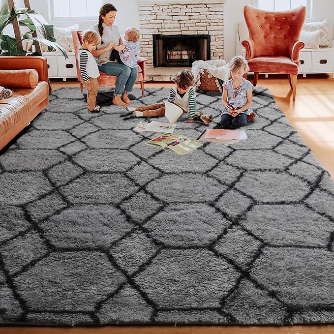 7x9 Area Rugs for Living Room Bedroom, Large Fluffy Grey and Black Throw Rug - Image 7