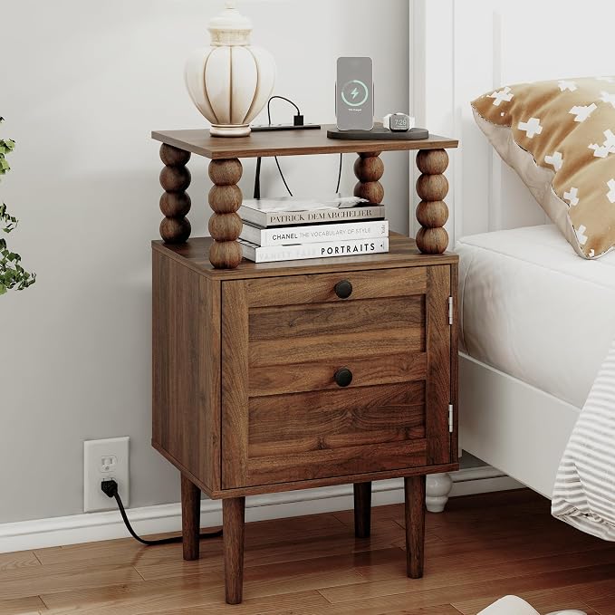 Veegle Nightstand with Charging Station, Modern Bedside Table with Storage by Unknown