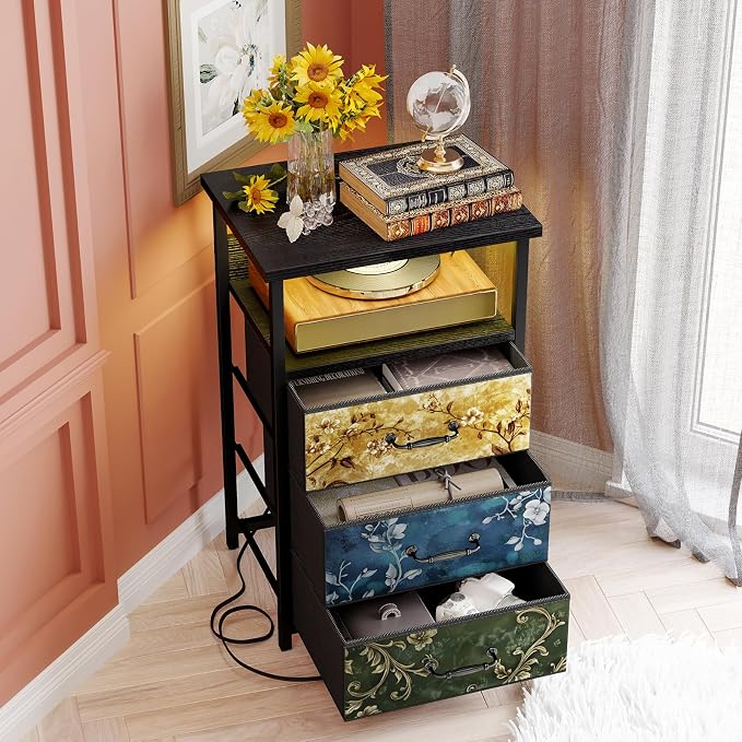 Fixwal Night Stand with 3 Fabric Drawers, Nightstand with Charging Station | - Image 2