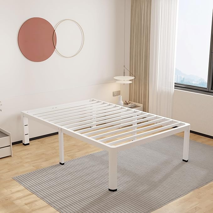 ROIL 18 Inch White Twin XL Bed Frame with Rounded Corner and Headboard Hole Mattress Retainers 3500LBS Heavy Duty Steel Slats No Box Spring Needed Platform Noise-Free Easy Assembly