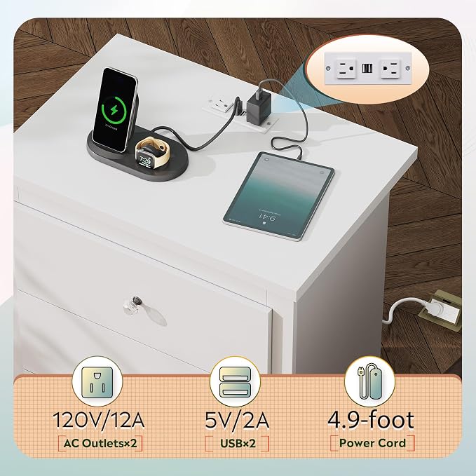 WLIVE Tall Nightstand with Charging Station, Wood Bedside Table, Power Outlets - Image 4