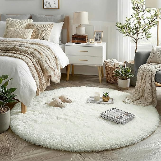 Amdrebio Cream Ivory White Round Fuzzy Rug 4Ft by Amdrebio