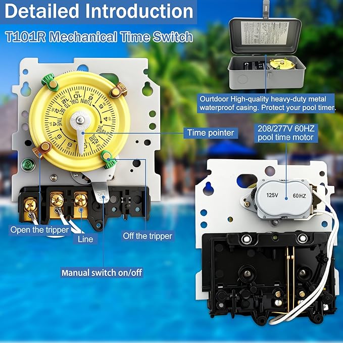 T101R Mechanical Timer Switch, 208–277 VAC 40 Amp,Pool Pump Switch, 24 Hour 12 ON/Off for Pump, Heavy Duty Pool Timers Outdoor, Timer for Pump Lights HVAC Systems, 5 Years Warranty