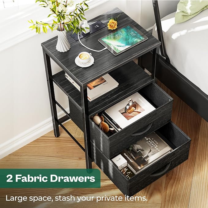 Huuger Nightstand with Charging Station, Side Table with Fabric Drawers | - Image 4