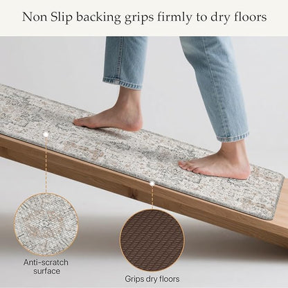GENIMO Kitchen Mats for Floor 2PCs, Washable Anti Fatigue Mat for Cushioned, 17.3"x47"+17.3"x30", Waterproof Kitchen Rugs, Non Slip Comfort Standing Mat Rug for Home, Sink, Laundry, LightTaupeBrown