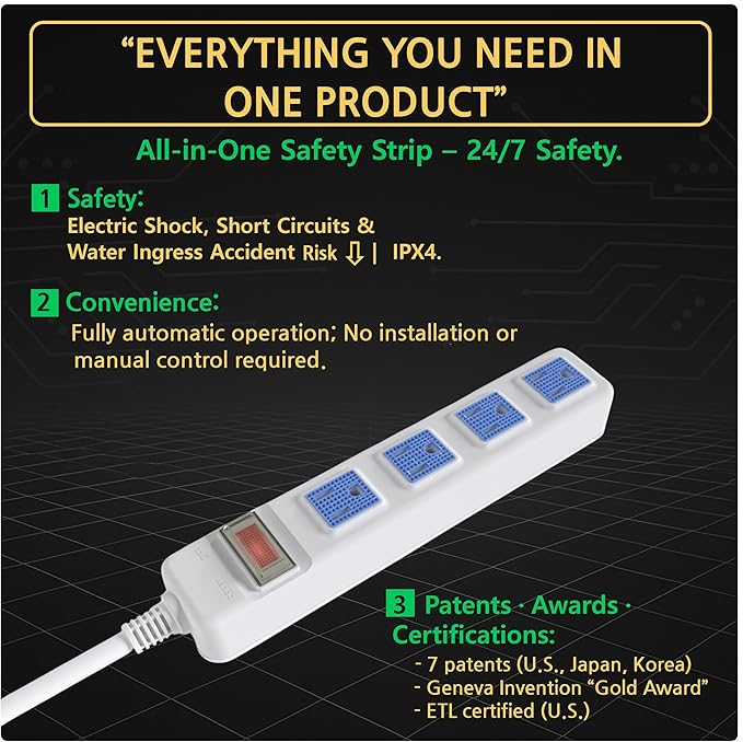 S.O.V Splashproof IPX4 Power Strip, Patented Zero-Current Auto Shut Off, ETL Listed, 4-Outlet Flat Plug, White, 5ft Cord