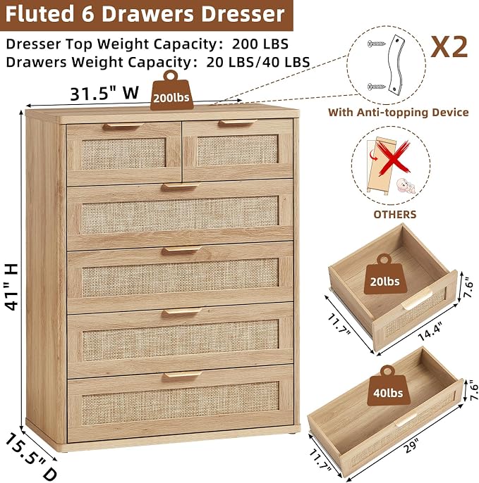 LEYAOYAO Rattan Dresser for Bedroom Set 2, Oak Modern 6 Drawers Boho Dressers - Image 2
