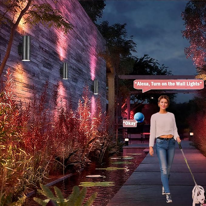 rosykite Exterior Double Up Down Outdoor Wall Lights,Mi.Light Remote Control RGB Color Changing 1000lm Warm White 3000k RGBW Cylinder Outdoor Wall Light,Smart LED Exterior Lighting (2 Pack)