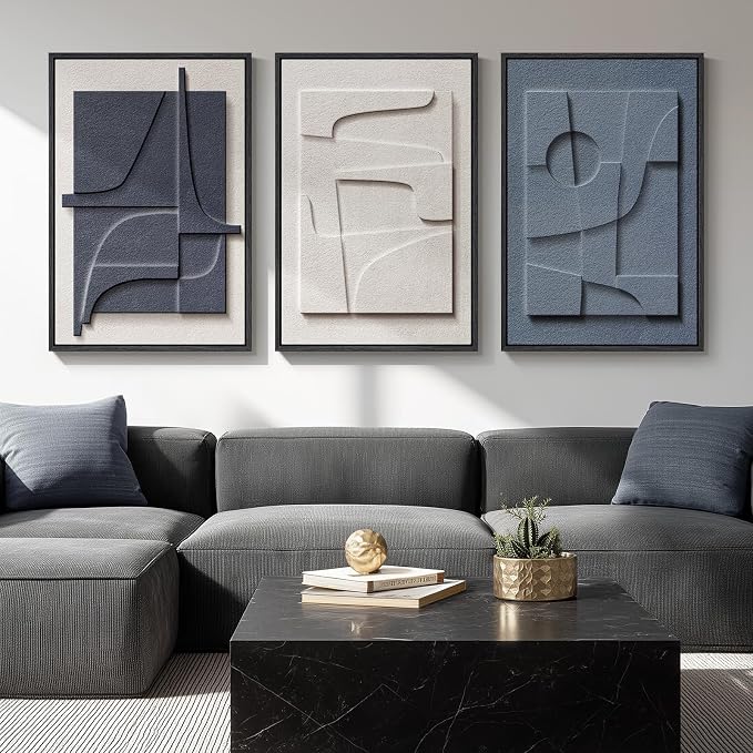 Large 3D Textured Framed Blue White Abstract Wall Art Set, 3 Piece 20x30 In | by Cuspin